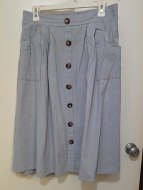 Button-Front Light Blue Midi Skirt with Front Pockets